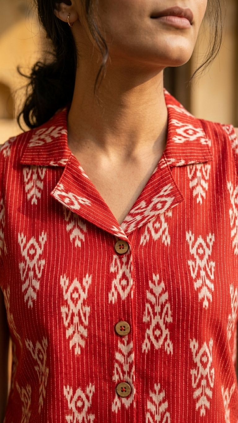 Women Cotton Kantha Work Collared Button-up Kurti
