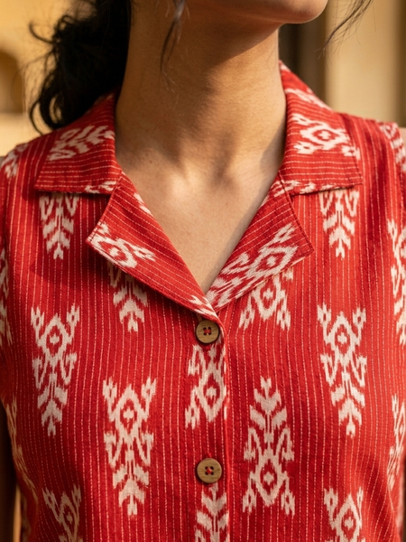 Women Cotton Kantha Work Collared Button-up Kurti
