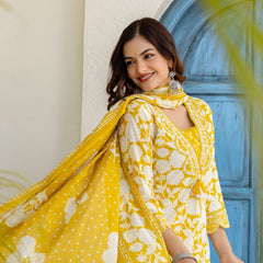 EthniFlair Women Cotton Pintucks detail Straight kurta Pant & Dupatta